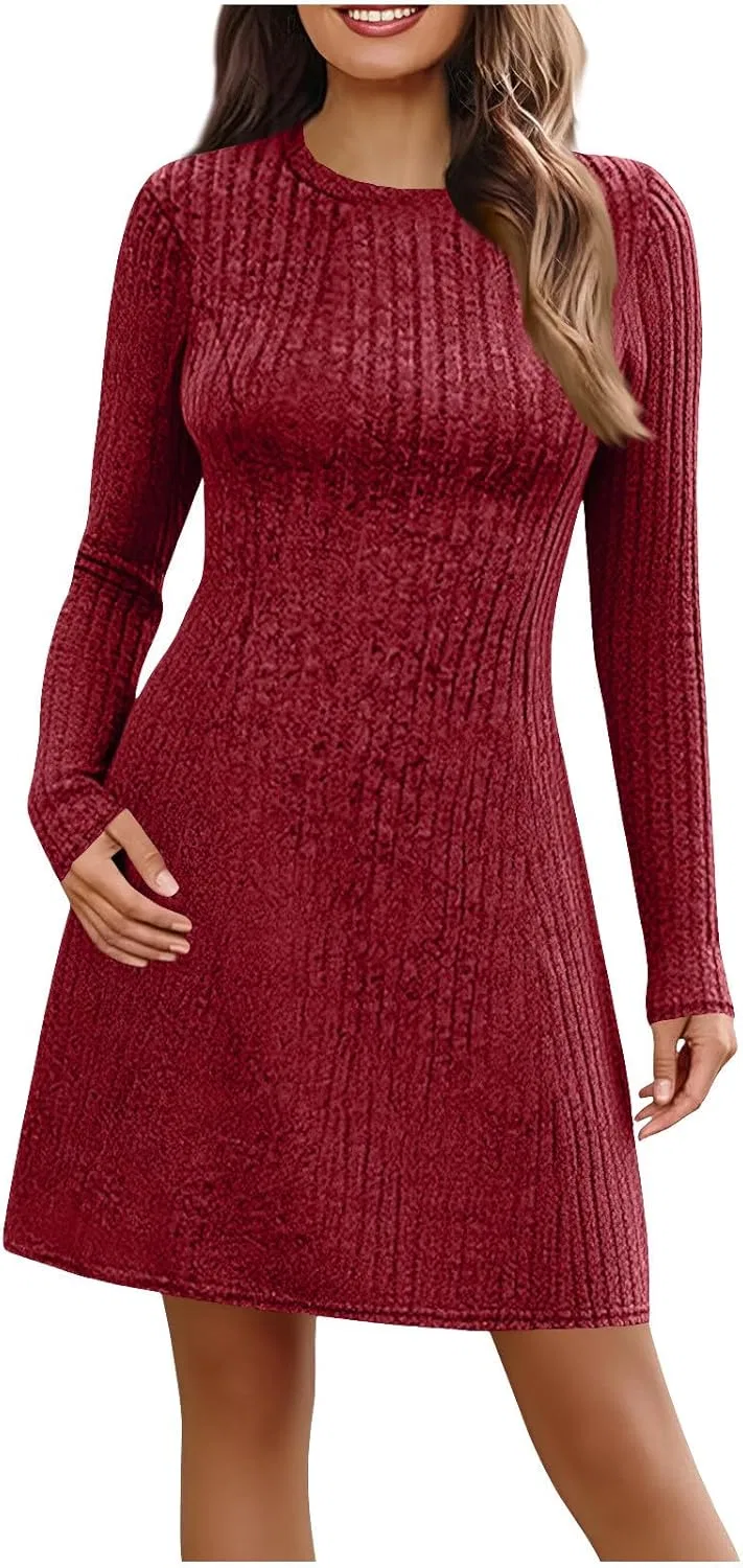 Женское трикотажное платье миди с длинным рукавом, Red