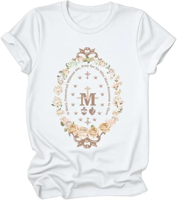 Футболка с принтом Marian Catholic Virgin Mary Marian Floral Cross, White