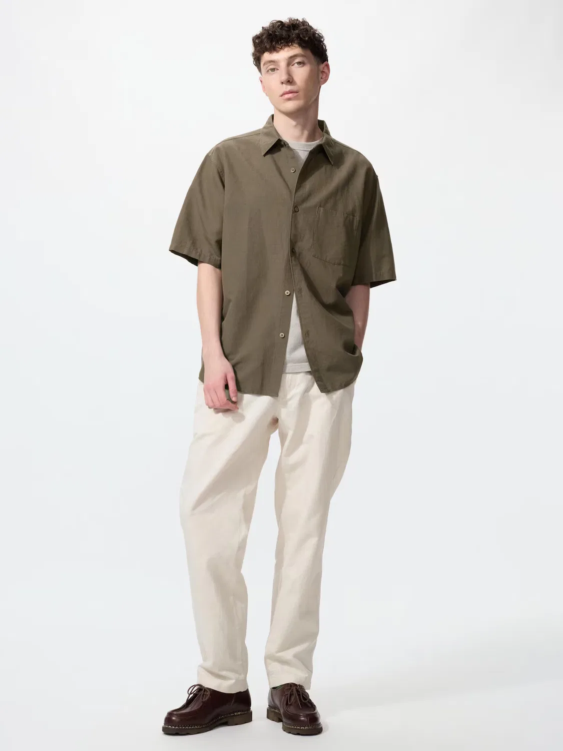 Рубашка Uniqlo, хлопковая-льняная, зеленого цвета — фото 2
