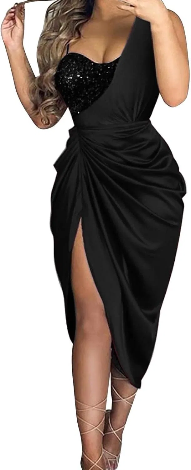 Вечернее платье с пайетками One Shoulder Bodycon, Black