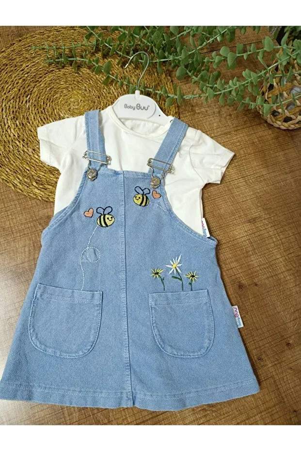 Детский комбинезон с принтом Bee Flower Embroidered Pocket Detailed Denim Baby Buu, White — фото 3