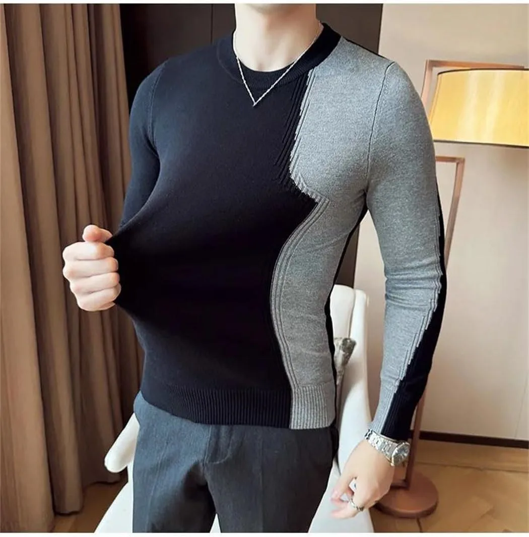 Мужской свитер с длинным рукавом и цветным пэчворком — Slim Fit O-Neck Pullover — фото 2