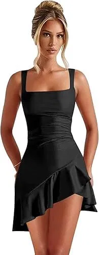 Женское атласное коктейльное платье с воланами A-silhouette, Black