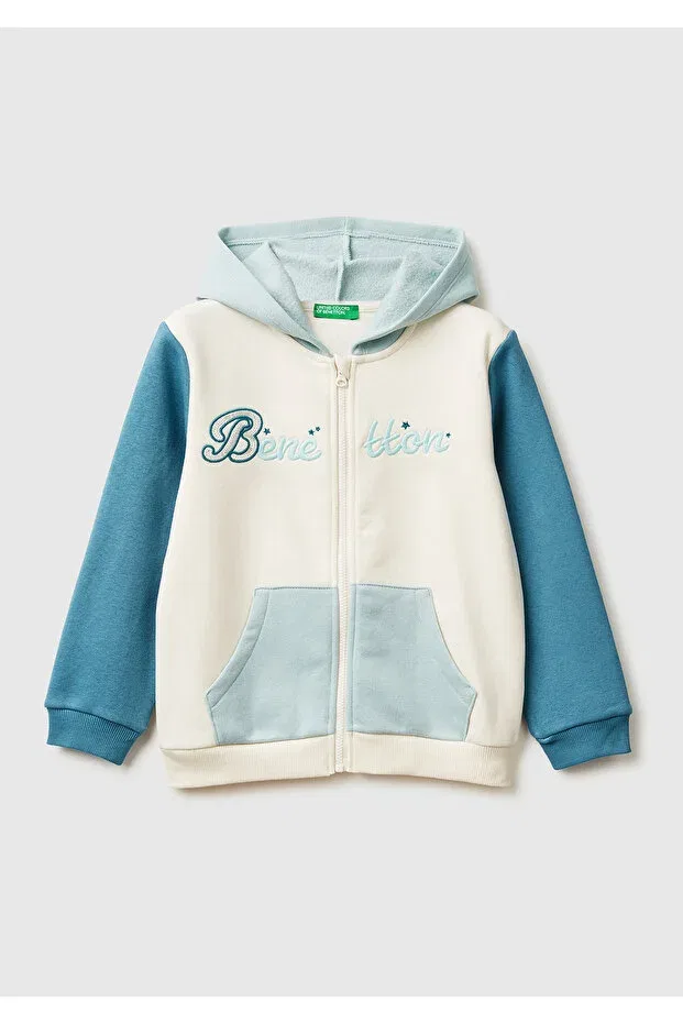 Детское худи для девочек цвет-блок United Colors Of Benetton, Ecru-Blue