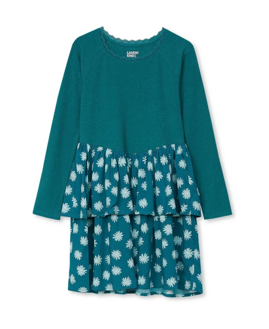 Платье с длинным рукавом из рибаны, ярусная юбка Lands' End, Floral Baltic Teal