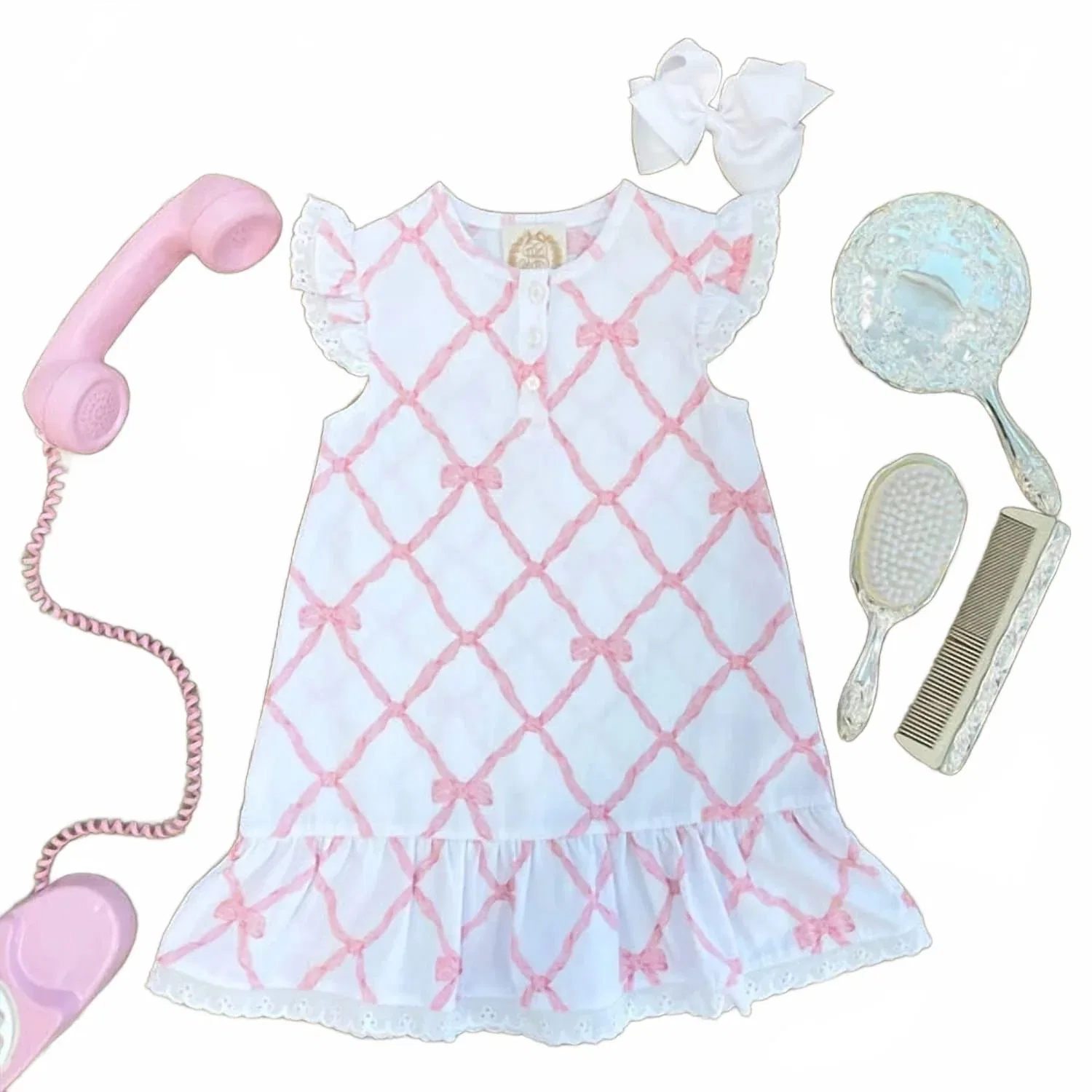 Детская ночная сорочка с бантами Marnie Morning Gown The Beaufort Bonnet Company, White/Pink — фото 2