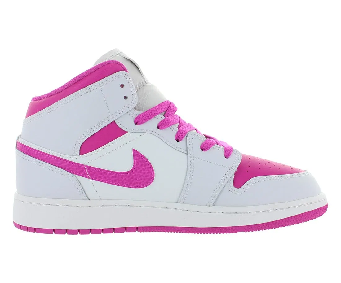 Детские кроссовки для девочек на шнуровке Air Jordan 1 Mid (Gs) Jordan, White Fuchsia Grey — фото 2