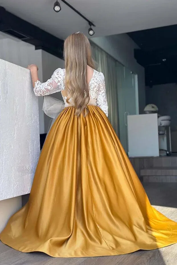 Детское платье для девочек сатиновое с длинным рукавом Girl'S satin mustard long evening dress with transparent tulle collar, guipure embroidered shoulders and sleeves, bow detail Riccotarz, Hardal — фото 4