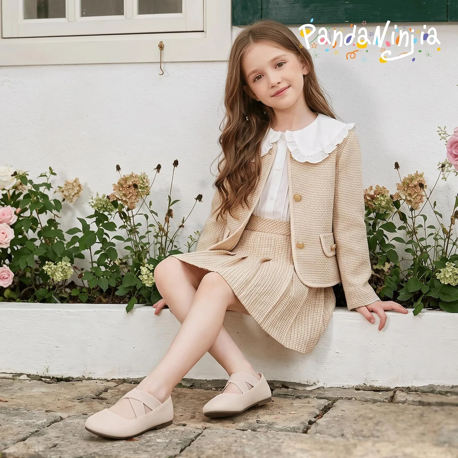 Детские балетки для девочек с цветочным принтом PANDANINJIA, Nude Nubuck — фото 2