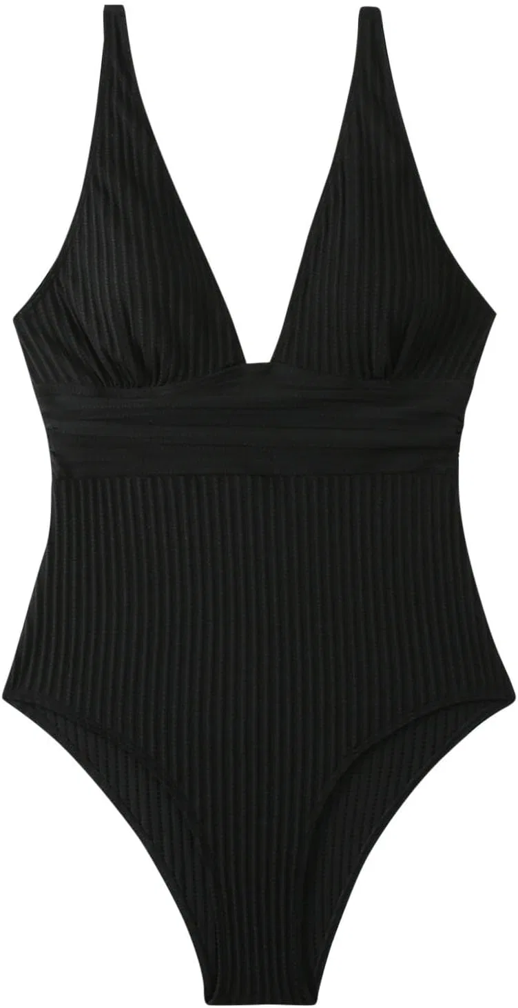 Женский слитный купальник с утяжкой живота Ribbed, Black