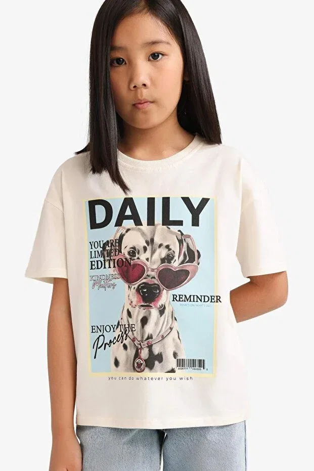 Детская футболка для девочек хлопковая с принтом Relax Fit Crew Neck Printed Short Sleeve T-Shirt Defacto, Ecru-Er2384