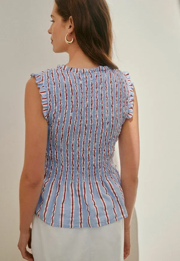 Блуза с запахом, хлопок, Regular fit - smocked tie front v-neck top Next, red blue stripe, синий — фото 2