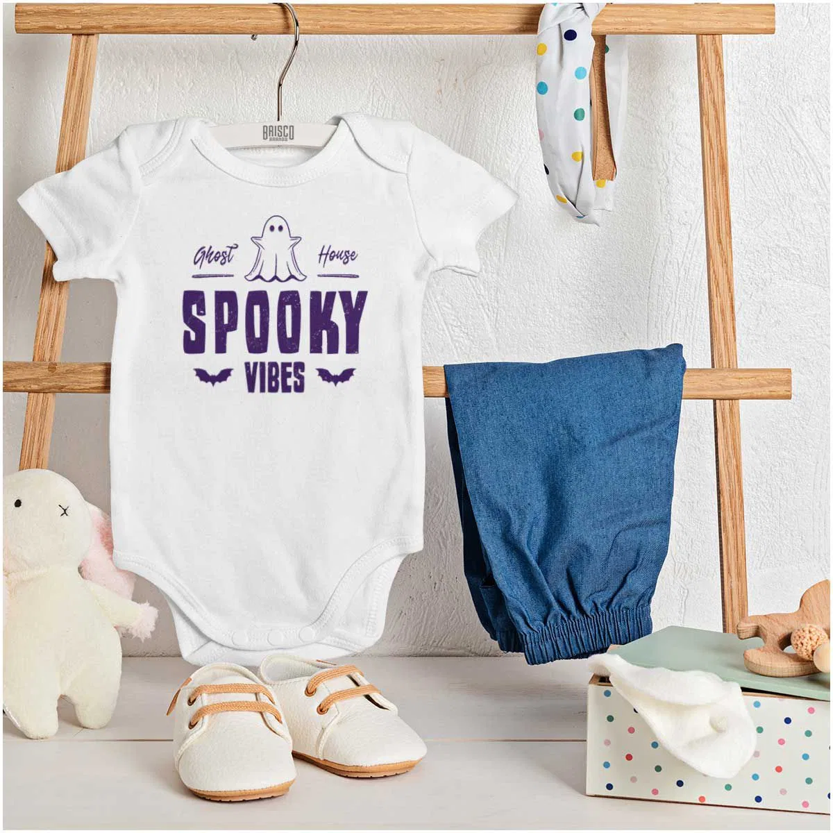 Детский боди-комбинезон с коротким рукавом Cool Halloween Ghost University Vibes Brisco Brands, White — фото 3