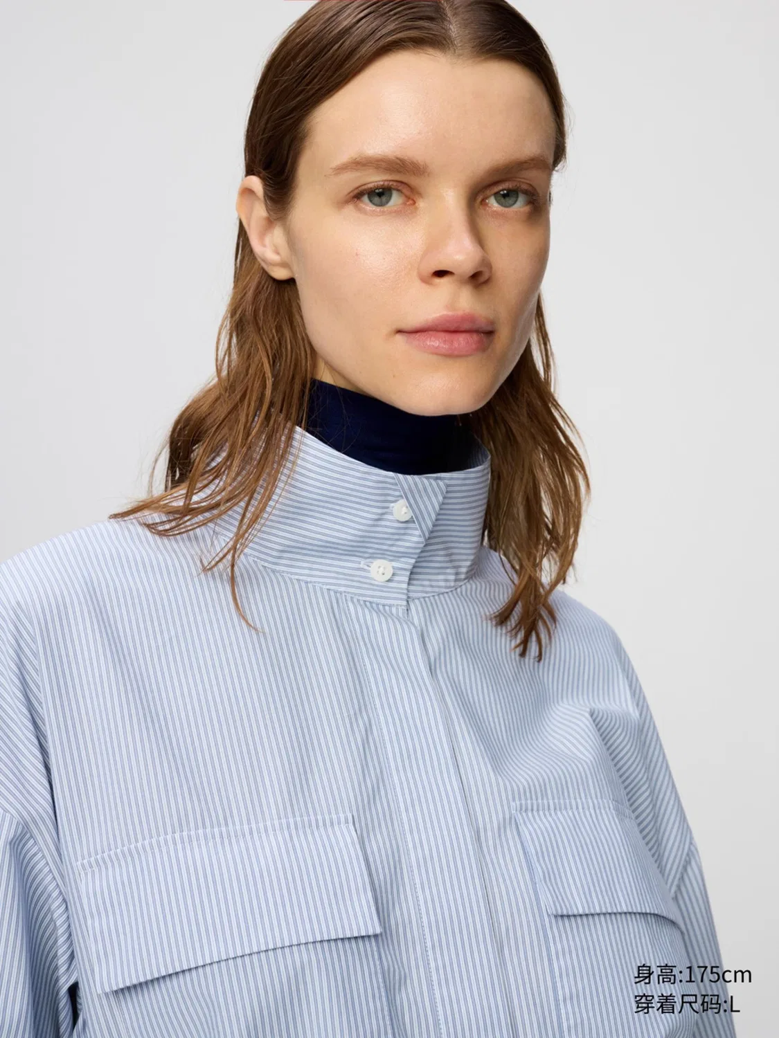 Платье хлопковое с воротником-стойкой в полоску Uniqlo, бежевый — фото 4