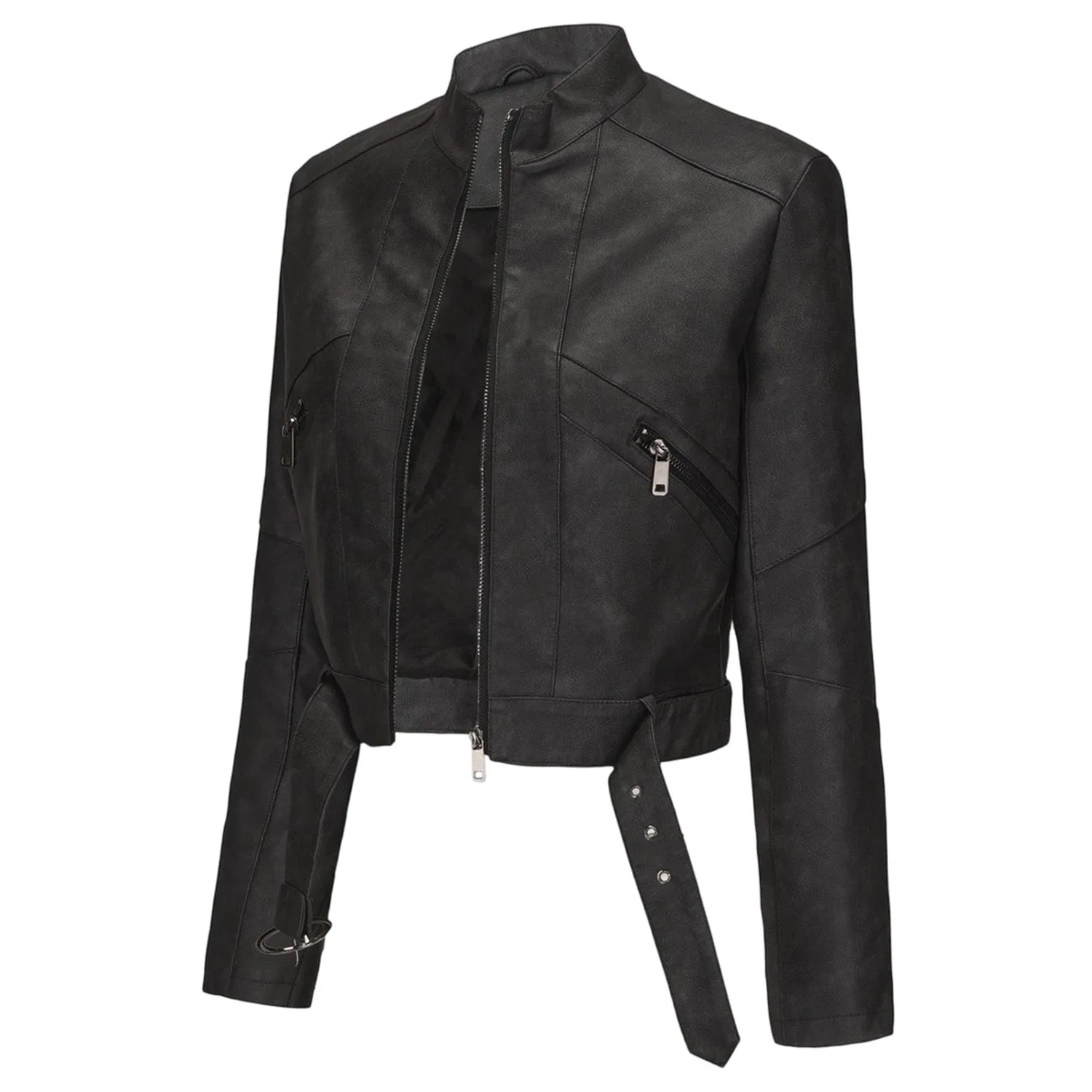 Женская куртка из экокожи с высоким воротником, vintage biker, Nero