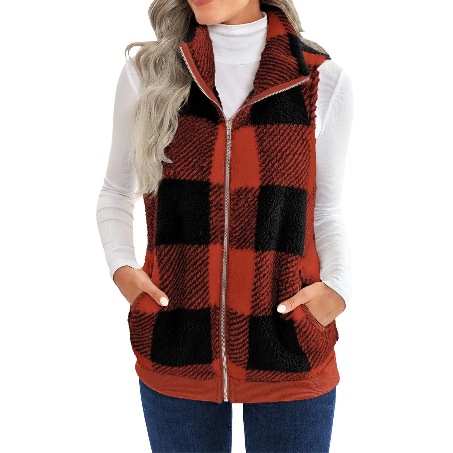 Женский жилет без рукавов с принтом Fluffy Warm Casual Women Fur Plaid Sherpa Jacket Autumn Winter, Arancia