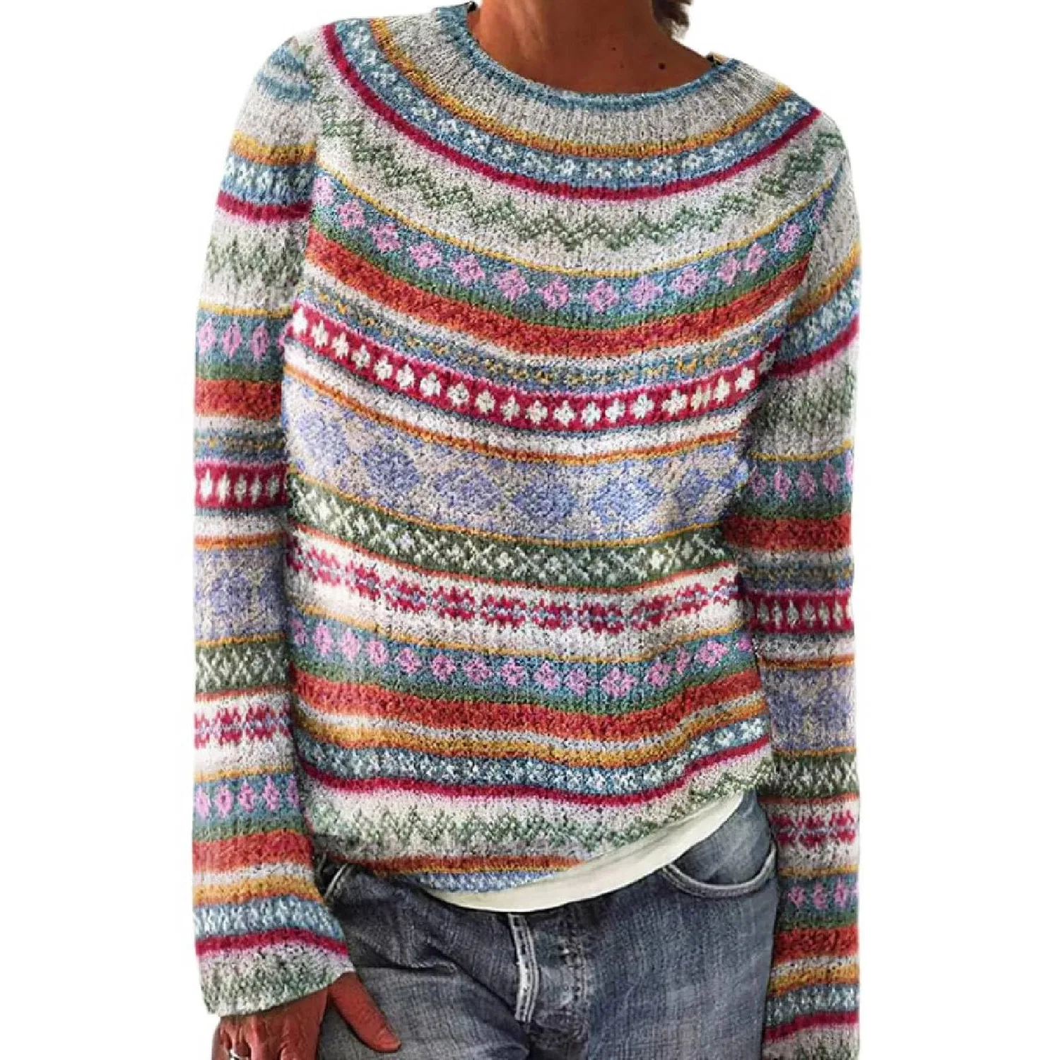 Женский свитер оверсайз с жаккардовым узором Fair Isle HUIFUAO, A10 White