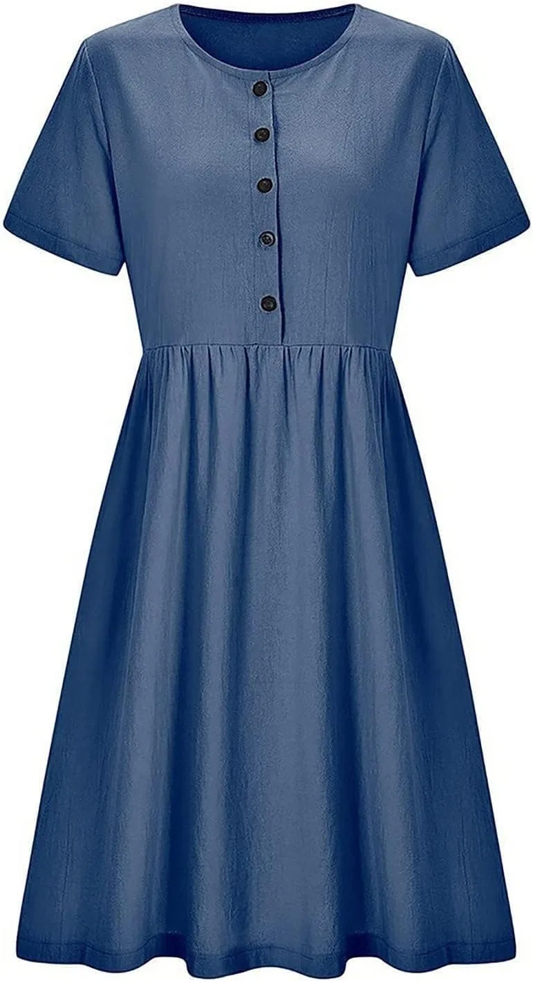 Женское повседневное платье на пуговицах с коротким рукавом, Dark Blue — фото 4