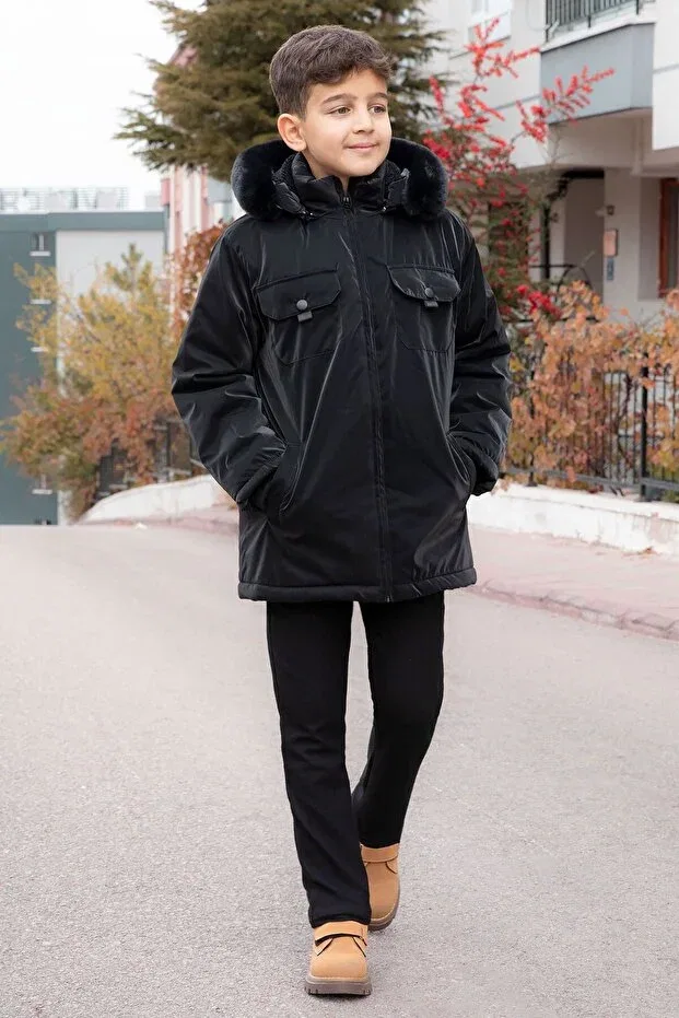 Детское пальто для девочек с капюшоном Cansın Mini, Black