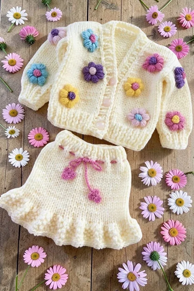 Детский комплект из кардигана и юбки с принтом ромашек El Knitted Baby/Child Daisy Double Set Barzey Crafts, Ecru