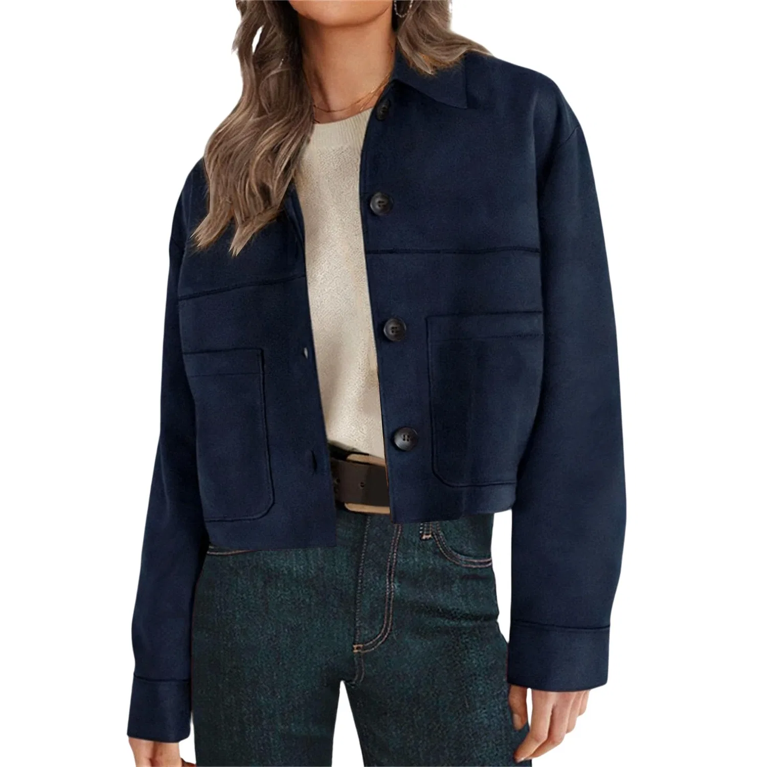 Женская куртка из замши с длинным рукавом, blue navy