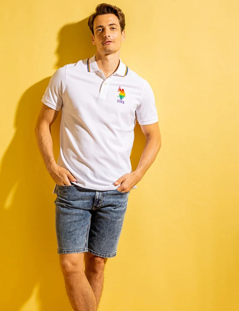 Мужская футболка-поло U.S. Polo Assn. Pride Rainbow Trim Pique, белый — фото 3