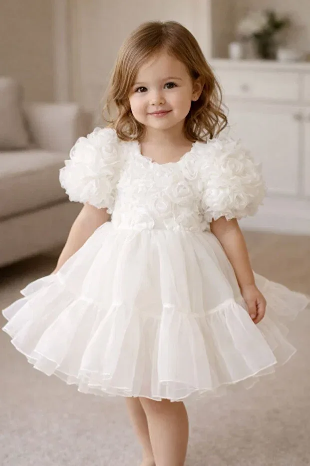 Детское платье для девочек с принтом Elegant Evening Gown With Balloon Sleeves Mashotrend, White — фото 2