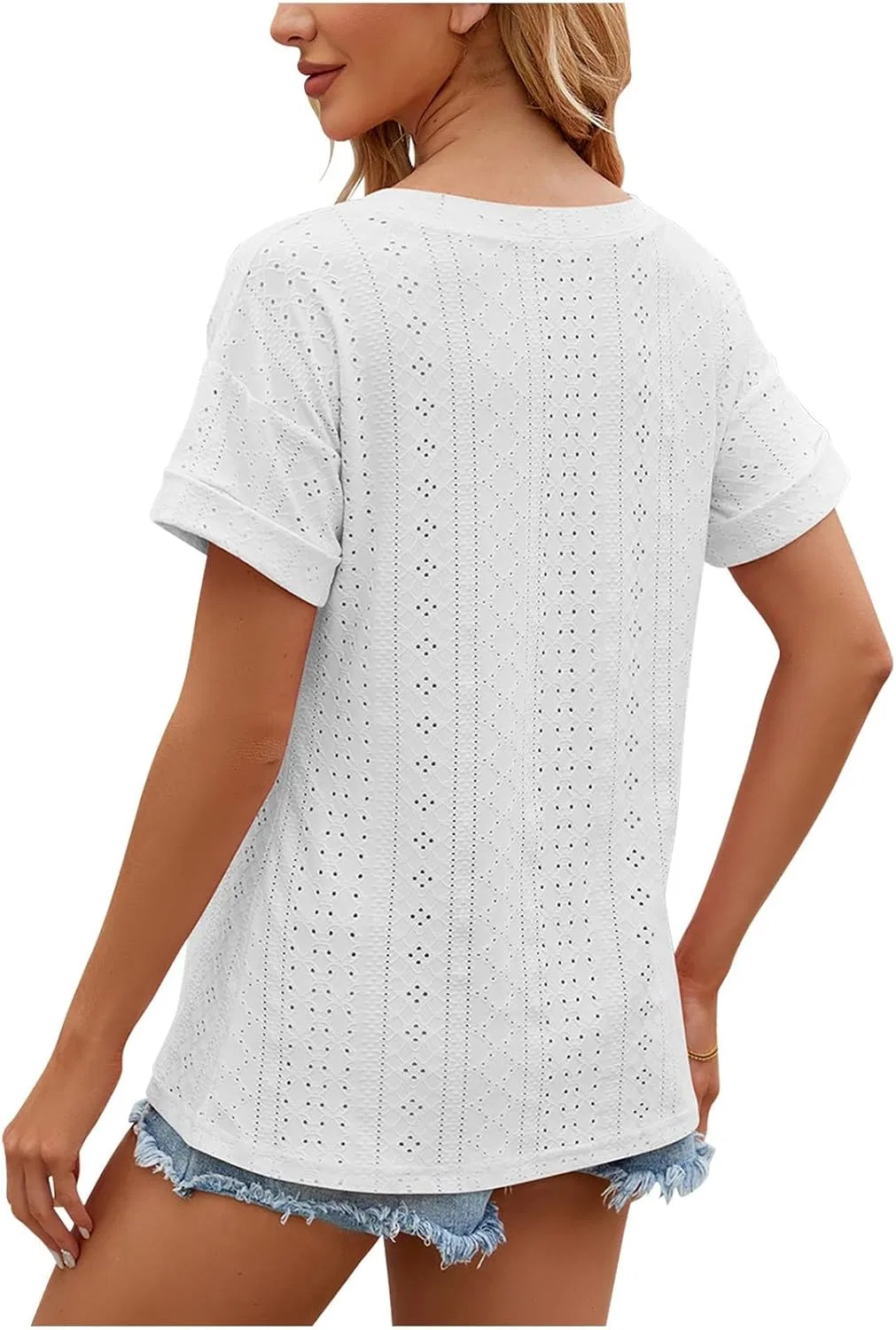 Женская футболка с вышивкой и V-образным вырезом, White — фото 3