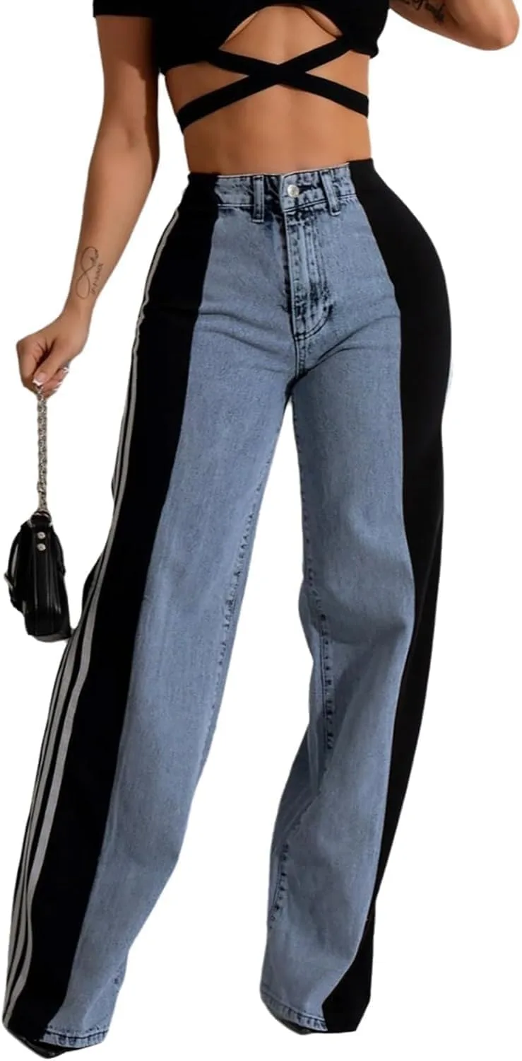 

Женские джинсы с высокой посадкой, лоскутная отделка из искусственной кожи, полоски и цветные блоки, свободные прямые брюки с карманами Mozgalz