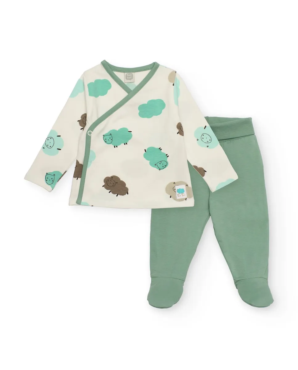 

Комплект для малыша в бежево-зеленых тонах с рисунком овечек Tuc tuc