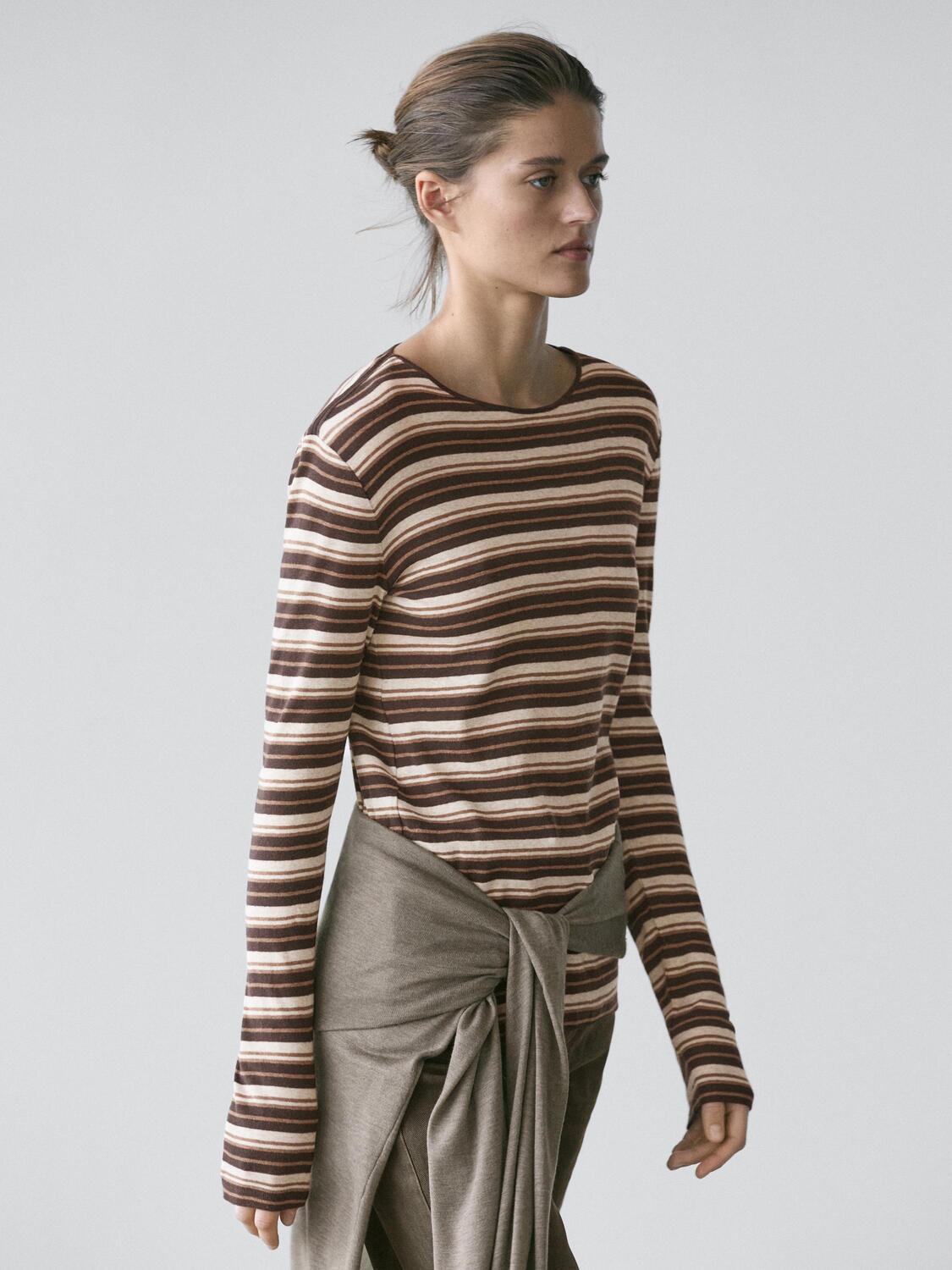 Футболка с длинным рукавом в полоску из хлопковой смеси Massimo Dutti, brown — фото 3