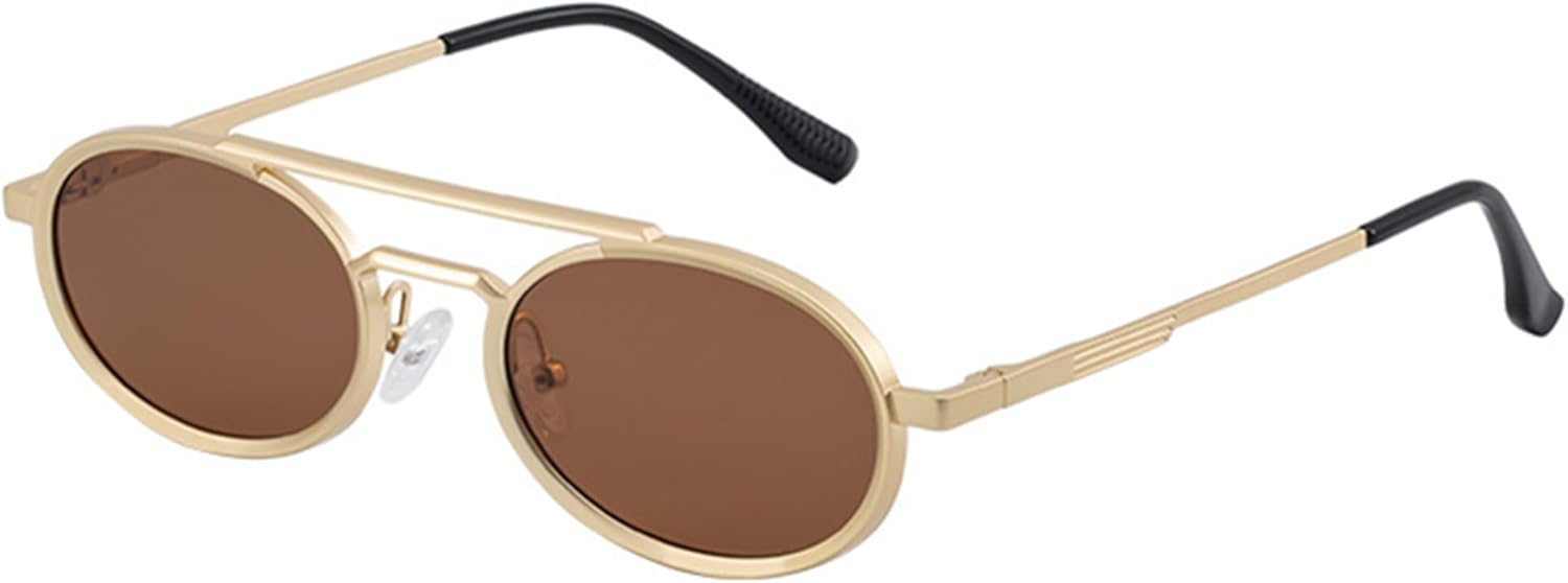 

bullabulling Модные овальные металлические солнцезащитные очки в винтажном стиле, узкие, золотистые, с защитой от УФ-излучения UV400, для женщин и мужчин, для активного отдыха на природе, Gold Tea