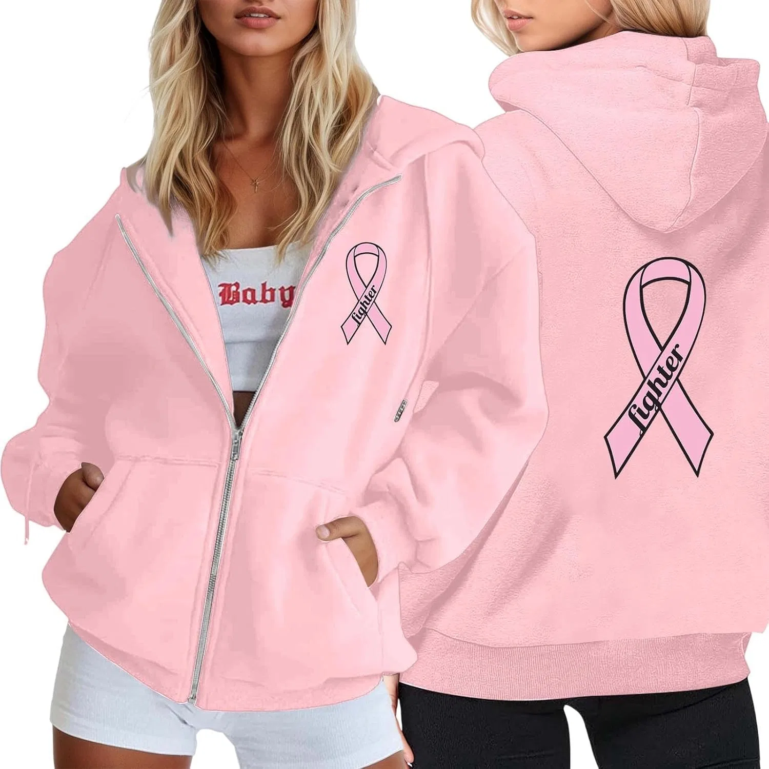 Худи на молнии женское с принтом Breast Cancer Awareness, розовое