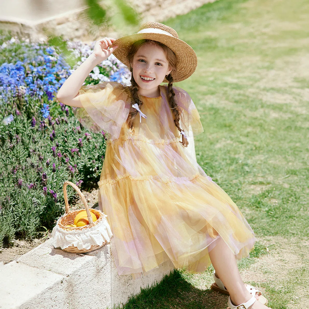 Детское платье для девочек с коротким рукавом Pre School Dresses XIANGYING, Yellow — фото 4