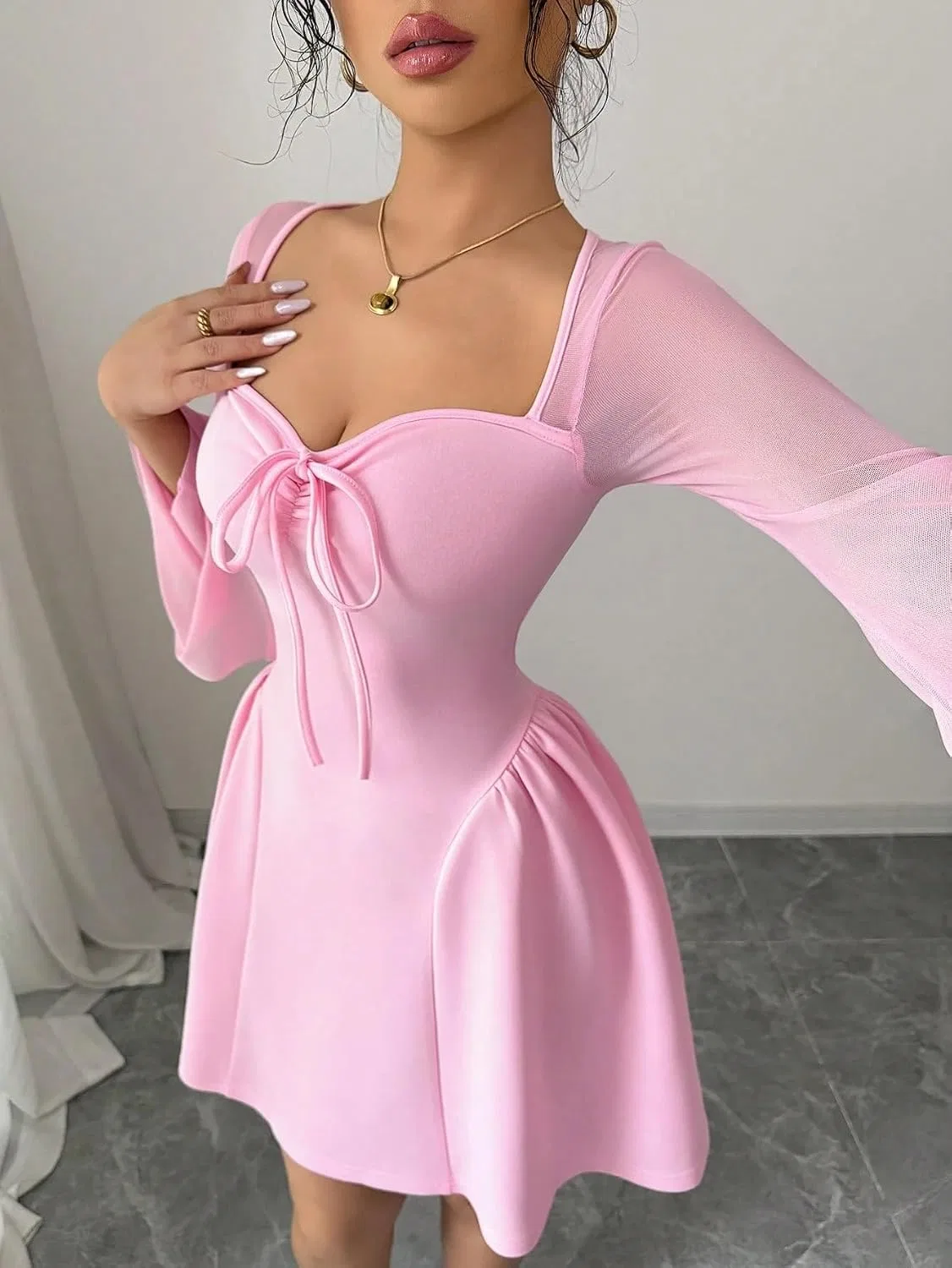 Женское мини-платье A-силуэта с бантом Casual, Pink — фото 4