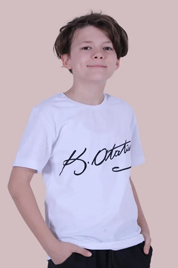 Детская футболка с принтом Signed Ataturk Printed Unisexs T-Shirt Panio Kids, White - Black