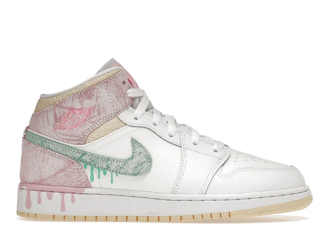 Детские кроссовки с принтом Jordan 1 Mid Paint Drip Jordan, White/Green Glow-Arctic Punch