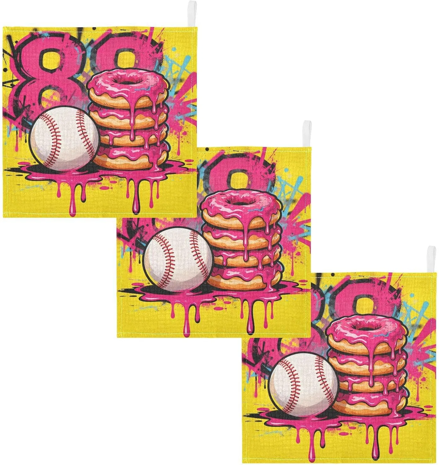 Мочалка для детей, 3 шт., GuoChe, муслин хлопковый, 30x30 см, Baseball 80 Donut Stack Graffiti — фото 2