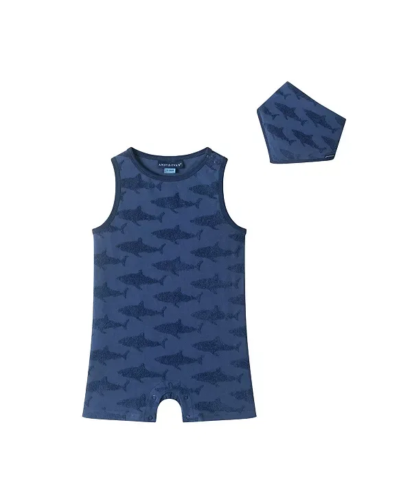Детский комбинезон для мальчиков с принтом Reverse Jacquard Romper & Bib Set Andy & Evan, Navy Shark