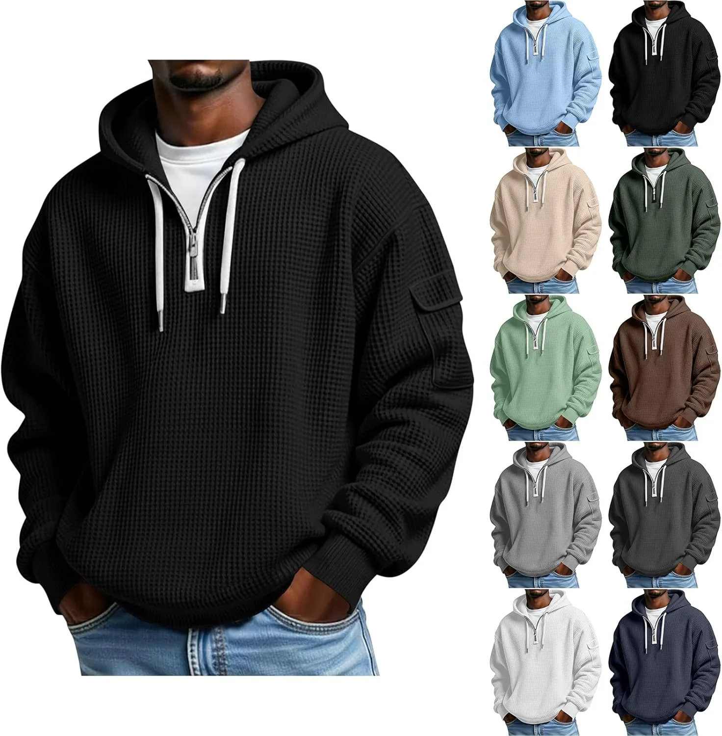 

Толстовка для мужчин Quarter-Zip Hoodie Pullover Waffle Knit с длинным рукавом и карманами