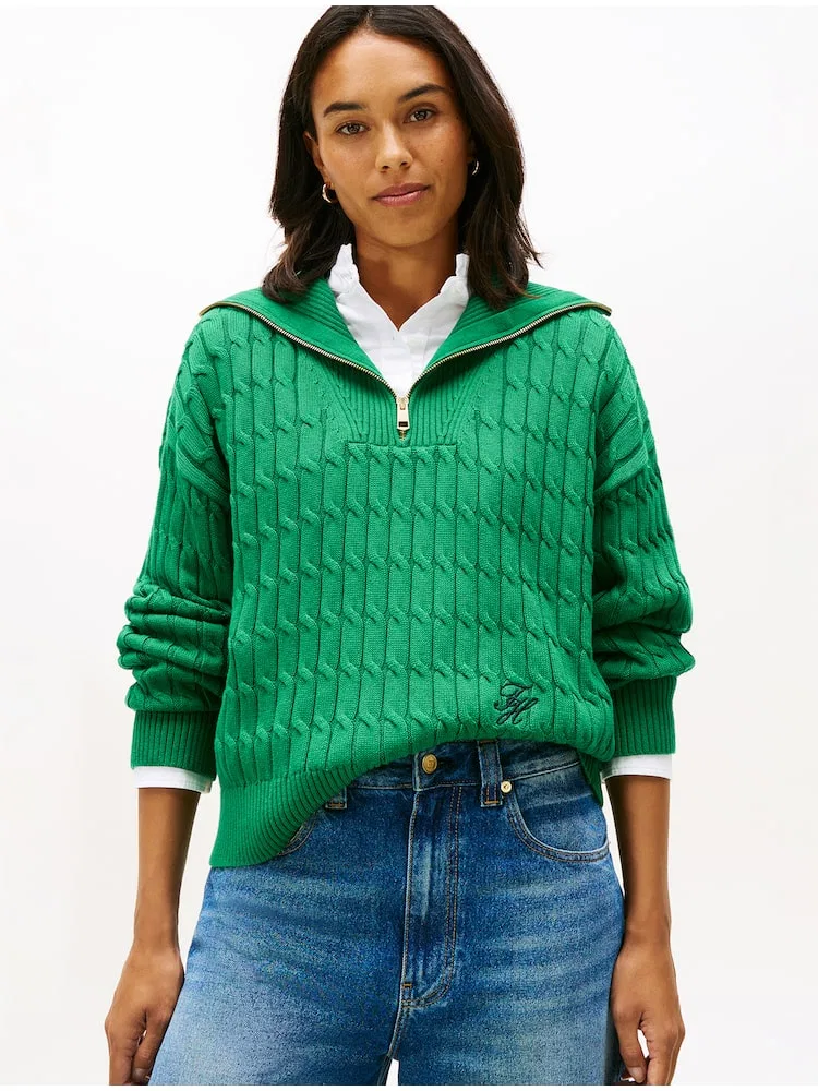 Свитер хлопковый кабельный полузастежка TOMMY HILFIGER, Green — фото 2