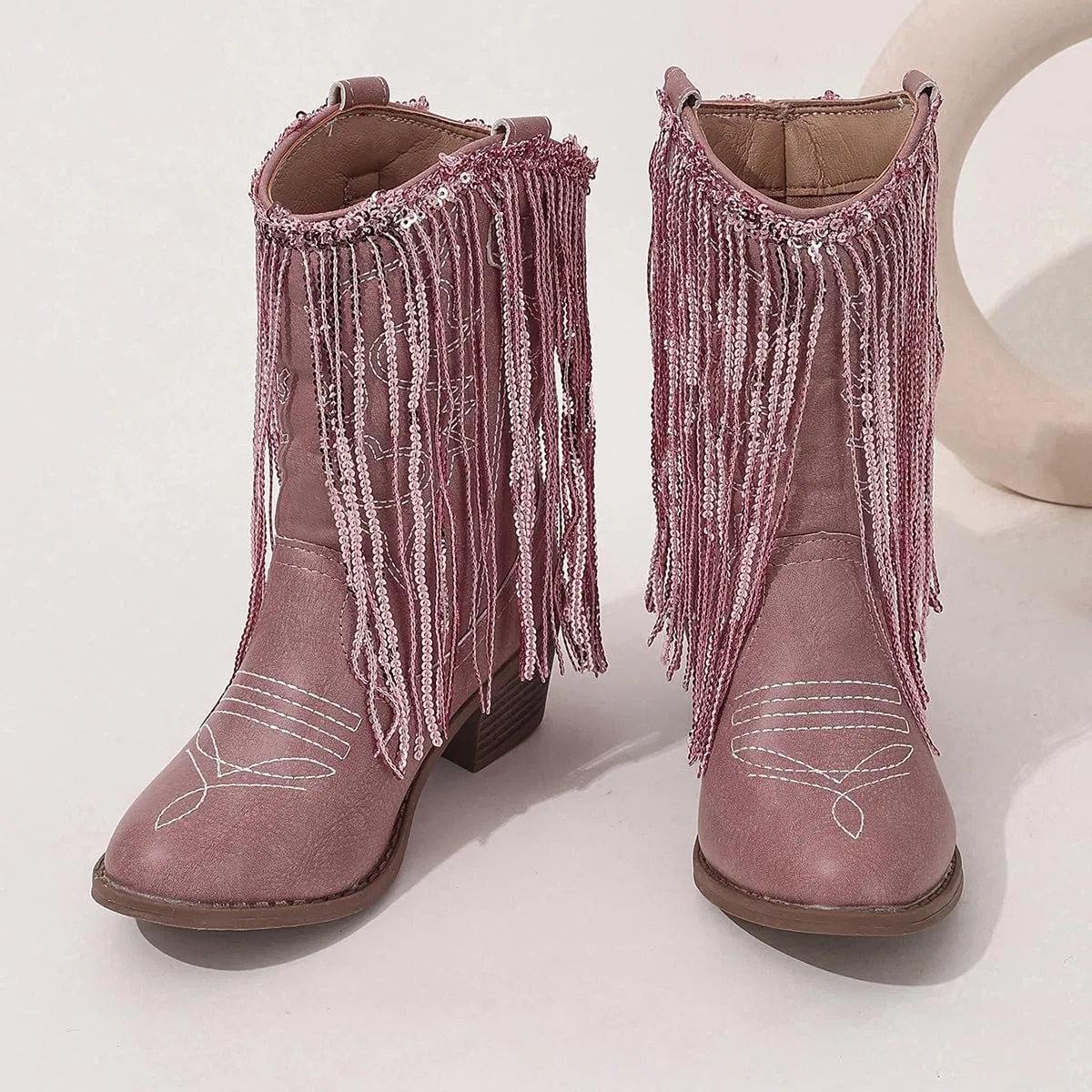 Детские зимние сапоги для девочек с кисточками и пайетками Princess Boots Auhoho, Pink Embroidery — фото 4