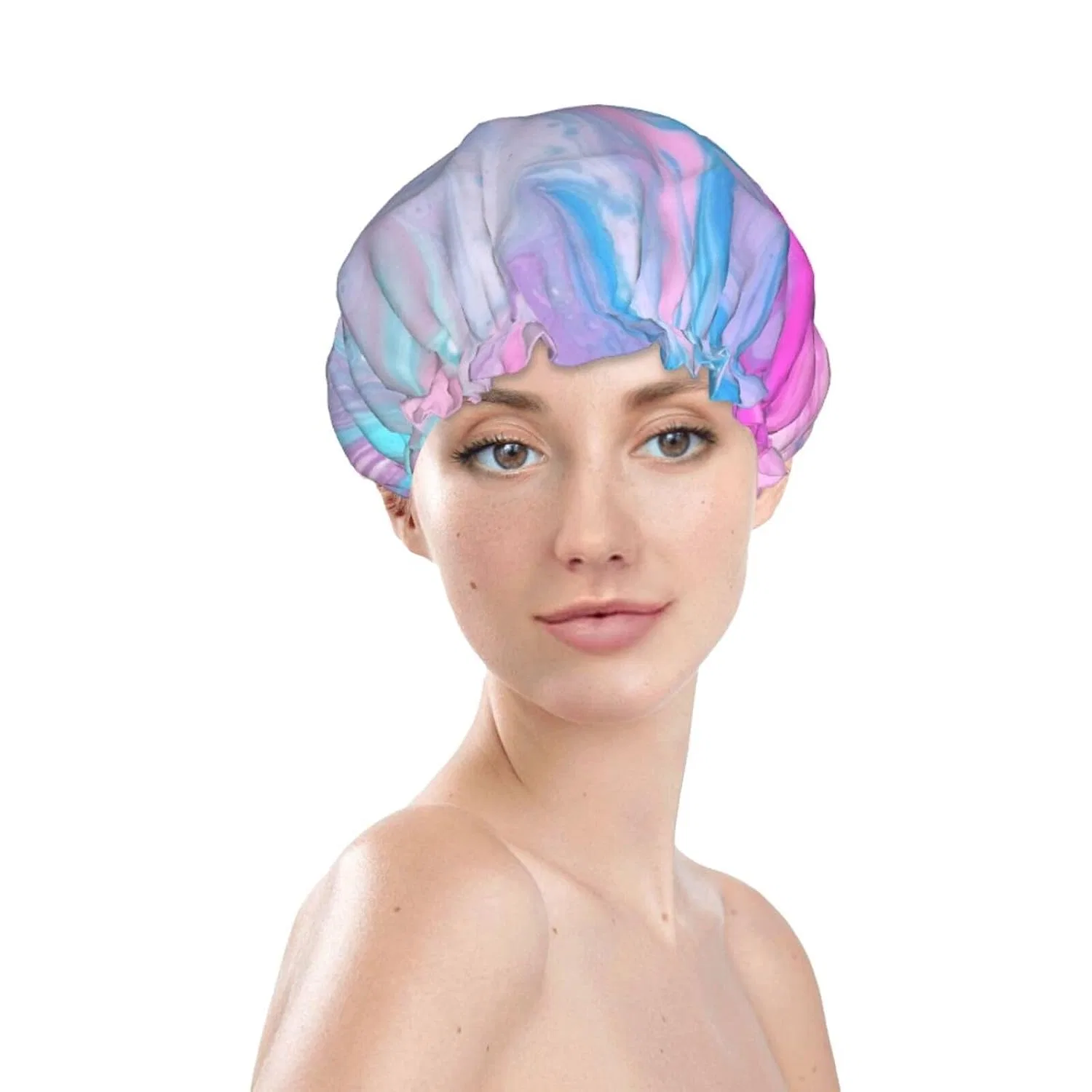 Шапочка для душа WSOIHFEC, Double Layer, 27.4 cm, Pastel Pink Blue Purple Printed — фото 3
