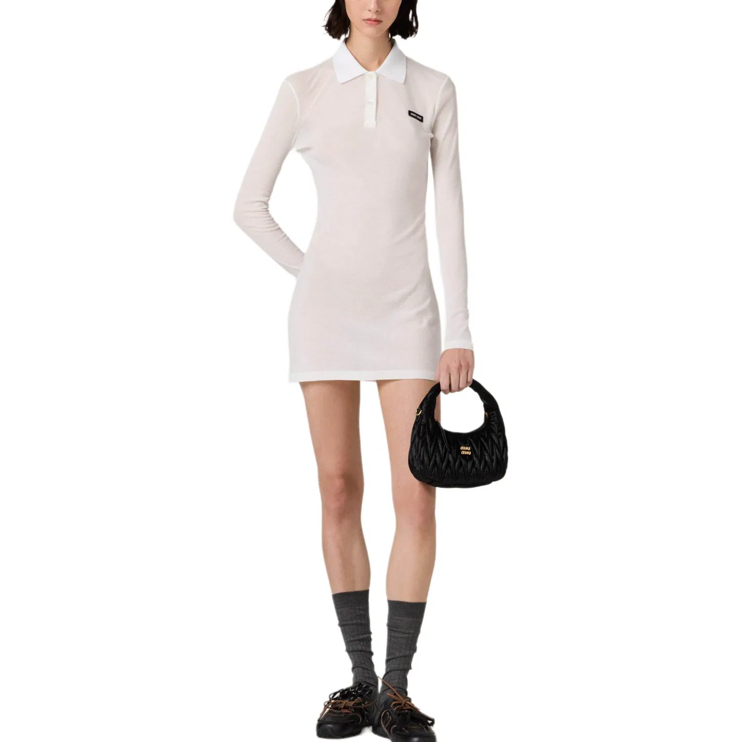 Женское платье мини с длинным рукавом Ribbed Jersey MIU MIU, White — фото 3
