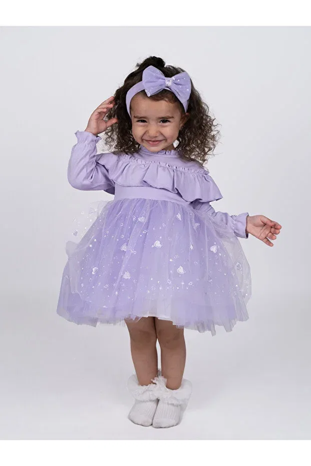 Детское платье для девочек с принтом Heart tulle valon dress 152.0569 Serkon Baby, Lilac — фото 2