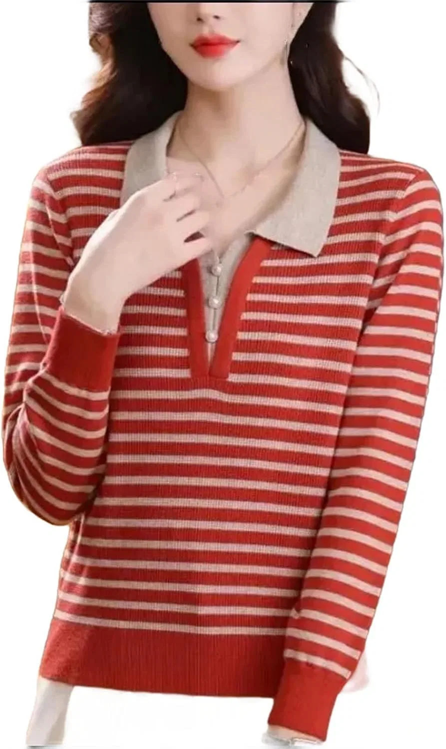Женский пуловер с воротником и контрастной отделкой, Red Stripes