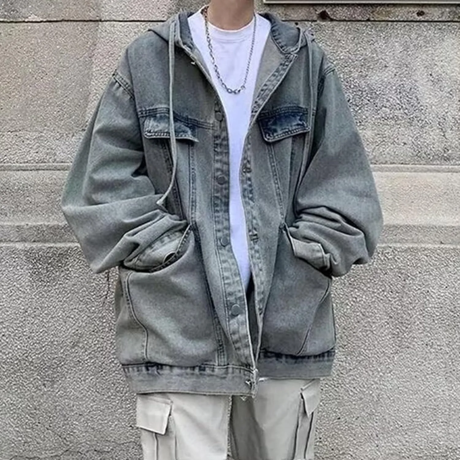 Мужская джинсовая куртка с капюшоном и эффектом потертости, свободного кроя, повседневная, с длинными рукавами, на пуговицах, в стиле «тракер», верхняя одежда Generic, синий — фото 2