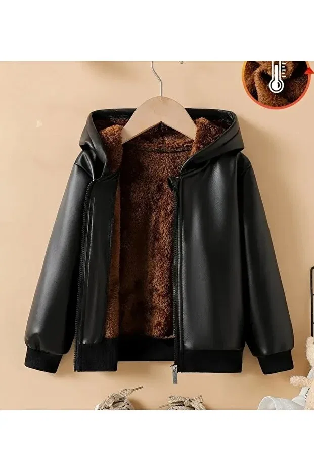 Детское пальто для мальчиков с капюшоном из искусственной кожи Black Shop