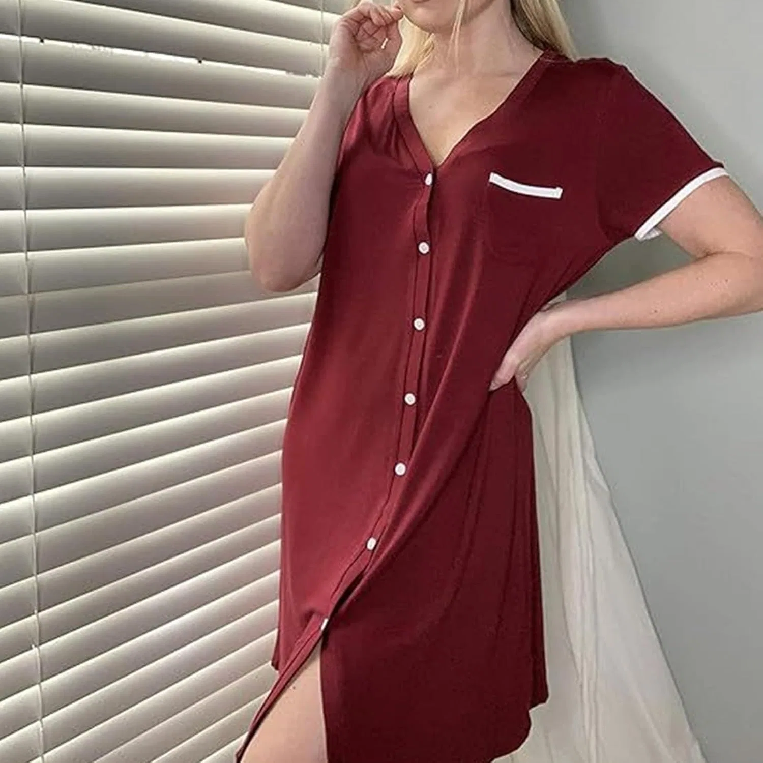 Женское платье-ночная рубашка с пуговицами, Wine Red — фото 2
