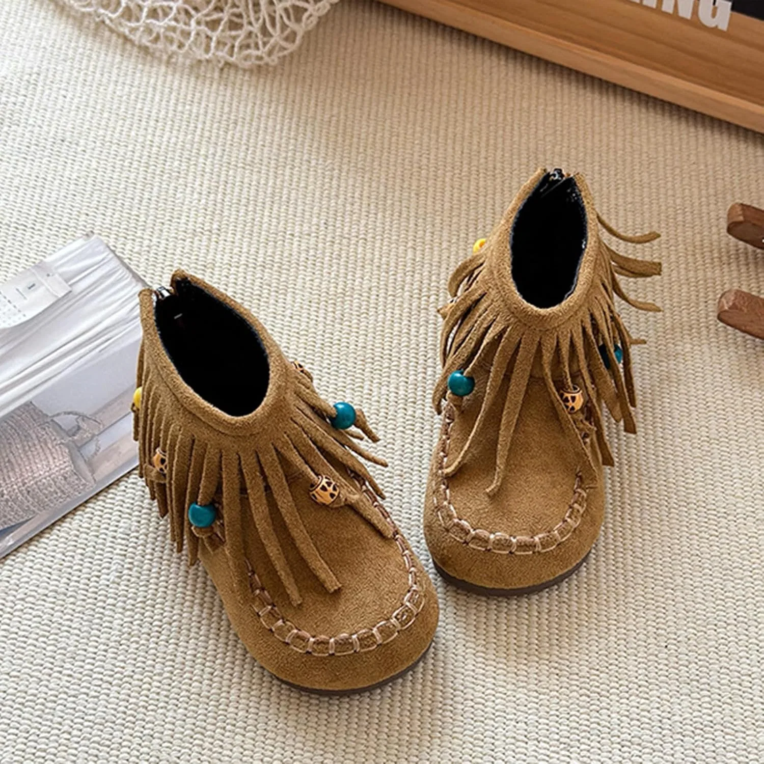 Детские мокасины-ботинки для девочек с кисточками Cowboy BANGTEUO, Camel — фото 3